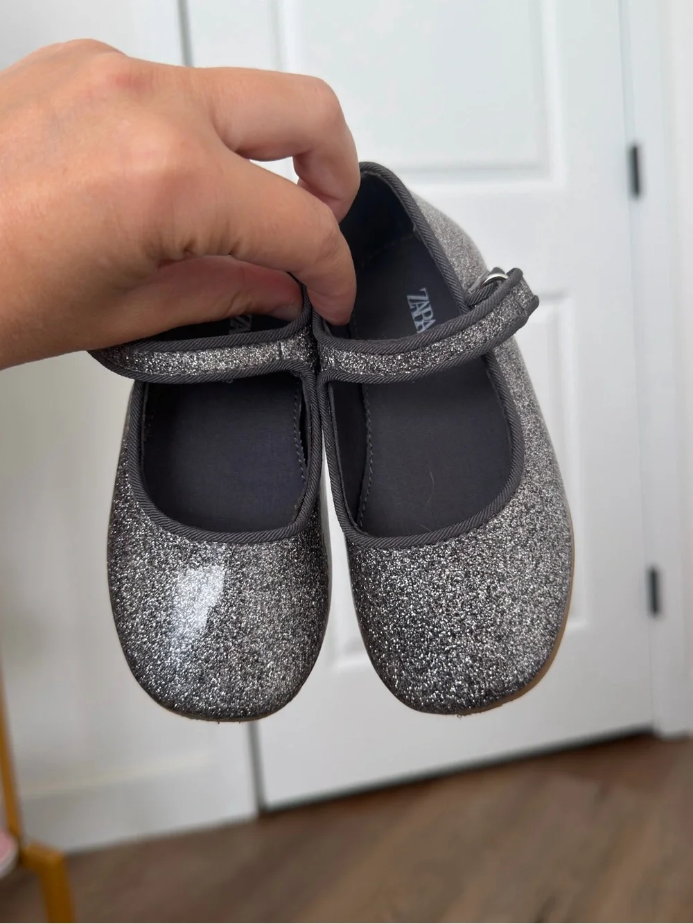 Zara Glitter Mary Jane Flats Silver Charcoal Hook and Loop Strap Size 22, 6c